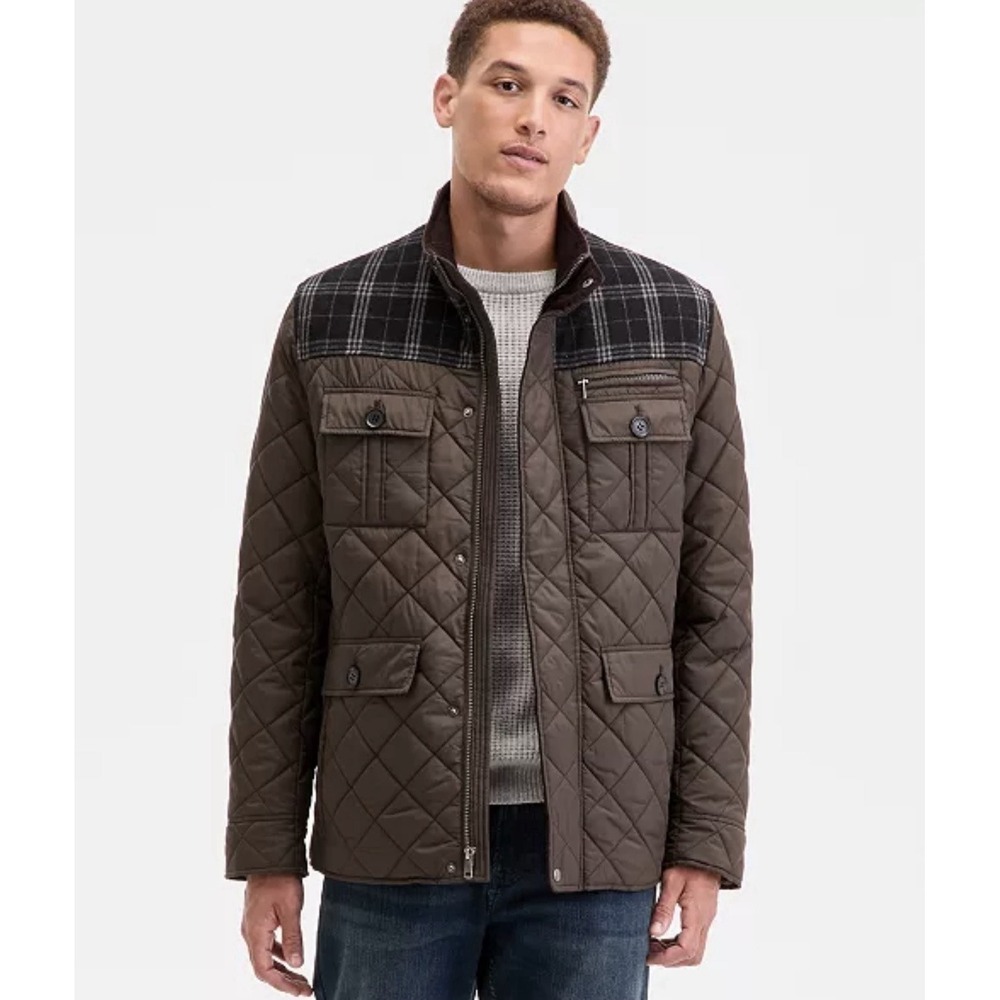 NEW! Cole Haan Quilted Mixed Media Field Jacket Elbow Patch Olive Green SZ L